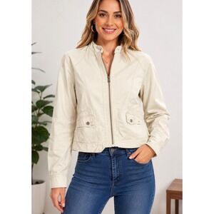 i.e. relaxed‎ Jacket Medium Cream Cotton Textured Full Zip Mock Neck Utility